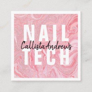 modern pink glitter liquid marble nail tech square business card