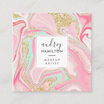 modern pink marble chic gold elegant makeup artist square business card