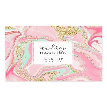 Small Modern Pink Marble Chic Gold Elegant Makeup Artist Square Business Card Front View