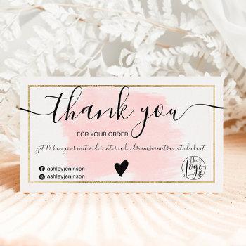 Small Modern Pink Watercolor Gold Foil Order Thank You Business Card Front View