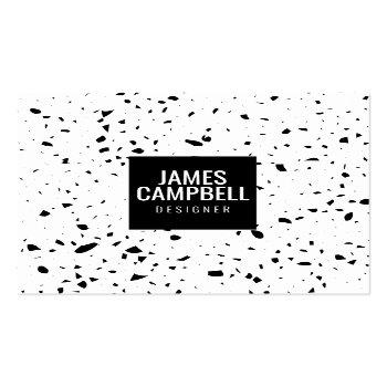 Small Modern Plain Black White Terrazzo Marble Pattern Square Business Card Front View