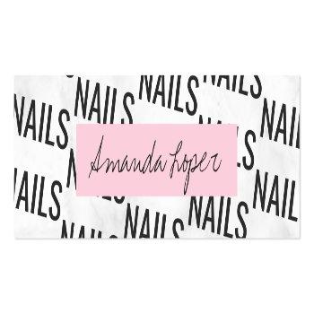 Small Modern Pretty White Marble Black & Pink Nails Mini Business Card Front View