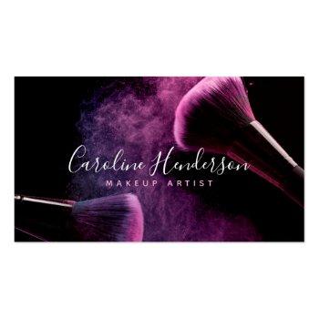 Small Modern Purple Powder & Brushes Makeup Artist Business Card Front View