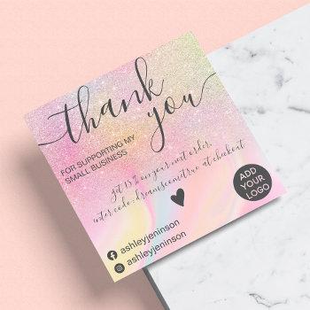 Small Modern Rainbow Glitter Marble Chic Thank You Square Business Card Front View