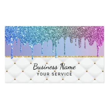 Small Modern Rainbow Unicorn Glitter Drips Beauty Salon Business Card Front View