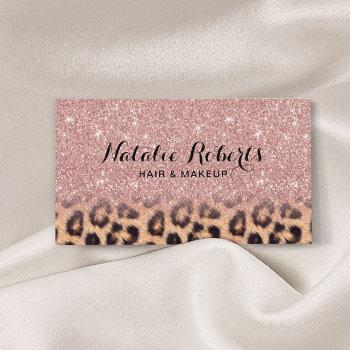 modern rose gold glitter leopard beauty salon business card