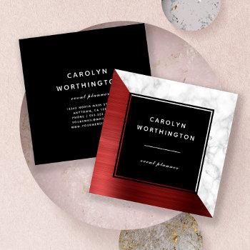 modern ruby red brushed foil white marble black square business card