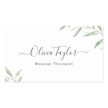 Small Modern Rustic Minimal Greenery Massage Therapist Business Card Front View