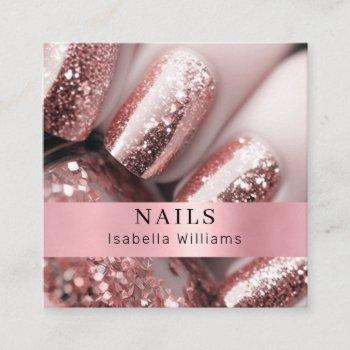 modern salon rosegold glitter nails square business card