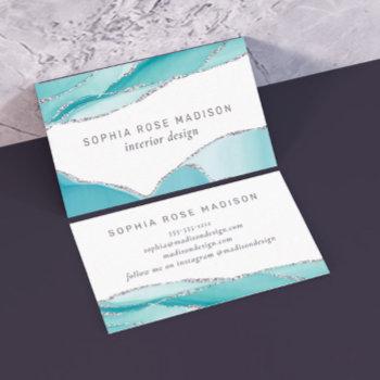 modern silver glitter agate teal mint watercolor business card