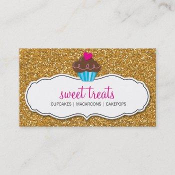 modern sweet cute cupcake pink gold glitter business card