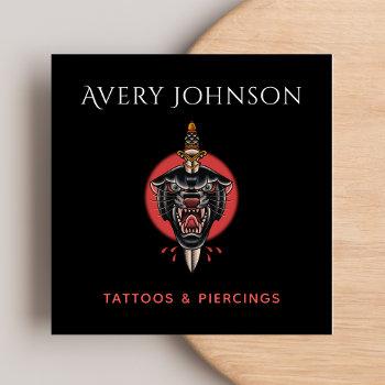 modern tattoo &piercing panther wild jungle animal square business card