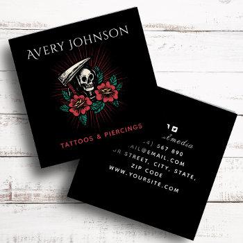 modern tattoo & piercing scary floral skeleton square business card