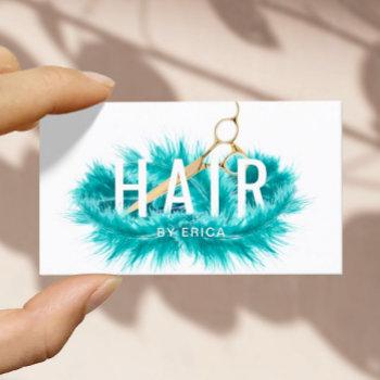modern teal feather & gold scissor hair salon business card