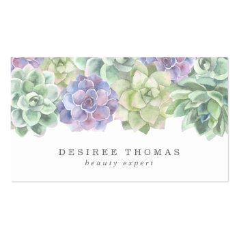 Small Modern Trendy Green Purple Watercolor Succulent Business Card Front View