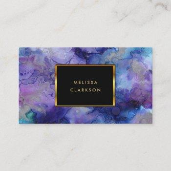 modern watercolor blue purple splatter gold frame business card