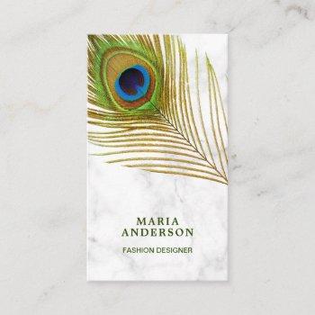 modern white marble green indian peacock feather business card