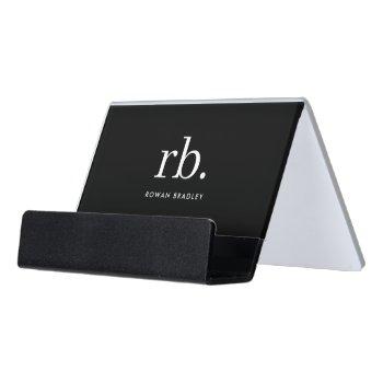 monogram classic elegant minimal black and white desk business card holder
