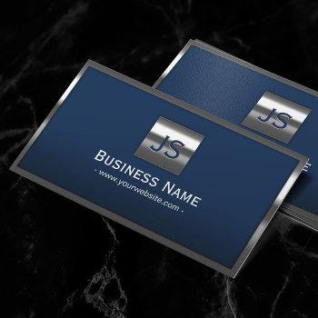 monogram navy blue modern metal frame professional business card