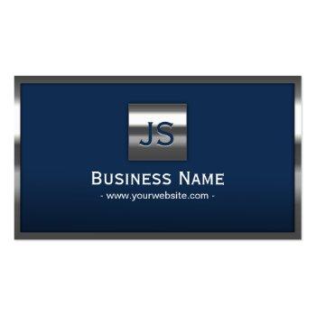 Small Monogram Navy Blue Modern Metal Frame Professional Business Card Front View
