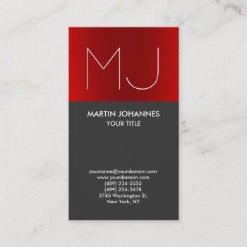 monogram vertical elegant red grey business card