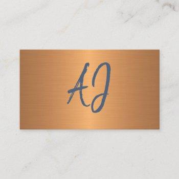 monogrammed elegant metallic copper navy business card