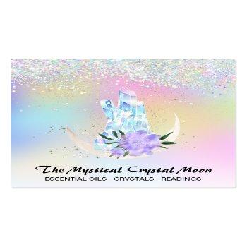 Small *~* Moon Crystals Holo Mystic Floral Ombre Glitter Square Business Card Front View