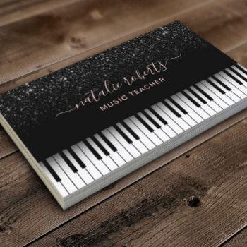 music teacher modern black glitter piano keys business card