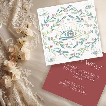 Small Mystical Eye Roses Vines Magical Boho Colorful Square Business Card Front View