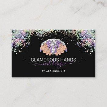 nail salon diamond hands purple glitter nail tech  business card