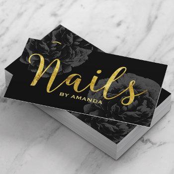 nail salon gold script elegant black floral business card