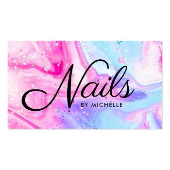 Small Nail Salon Pink Blue Girly Abstract Watercolor Art Business Card Front View