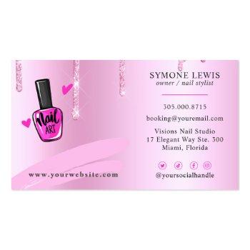 Small Nail Tech Salon Pink Diamond Dripping Glitter Busi Business Card Back View