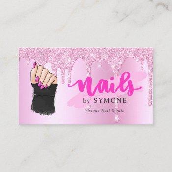 nail tech salon pink diamond dripping glitter busi business card