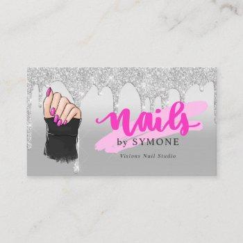 nail tech salon pink & silver dripping glitter business card