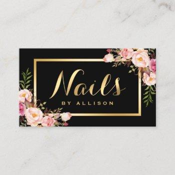 nail technician salon black gold floral script business card