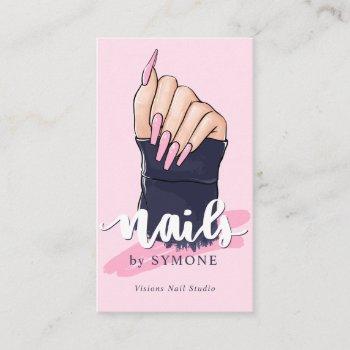 nail technician salon trendy logo blush pink navy business card