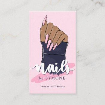 nail technician salon trendy logo blush pink navy  business card