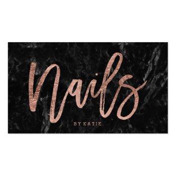 Small Nails Elegant Rose Gold Typography Black Marble Business Card Front View