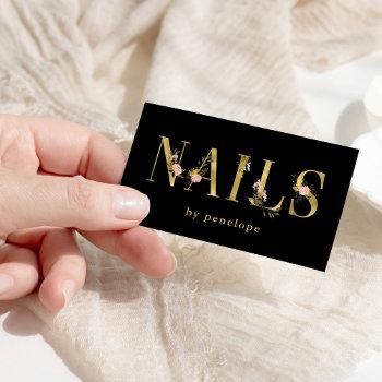 nails | gold floral typography on black business card