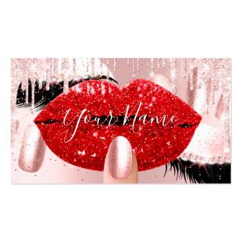 Small Nails Makeup Artist Rose Red Kiss Lips Pink Lash Business Card Front View