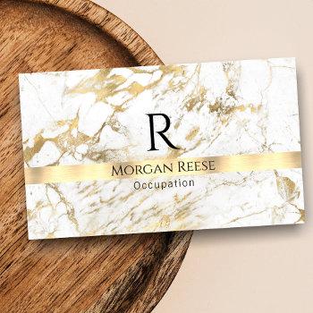 name & monogram, qr code, white & gold marble vs 3 business card