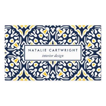 Small Navy And Yellow Mediterranean Tile Pattern Business Card Front View