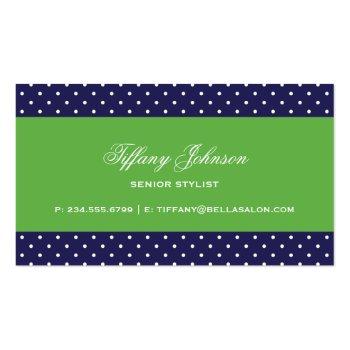 Small Navy Blue And Green Cute Modern Polka Dots Business Card Back View