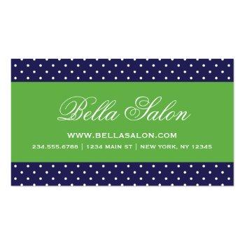 Small Navy Blue And Green Cute Modern Polka Dots Business Card Front View