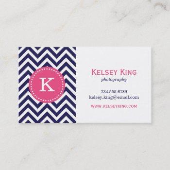 navy blue and hot pink chevron custom monogram business card