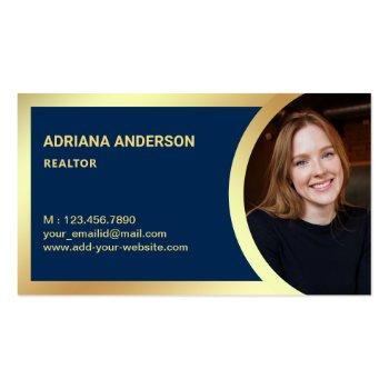 Small Navy Blue Gold Foil Real Estate Photo Realtor Business Card Front View