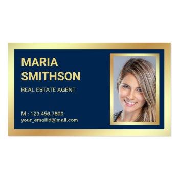 Small Navy Blue Gold Foil Real Estate Realtor Photo Business Card Front View