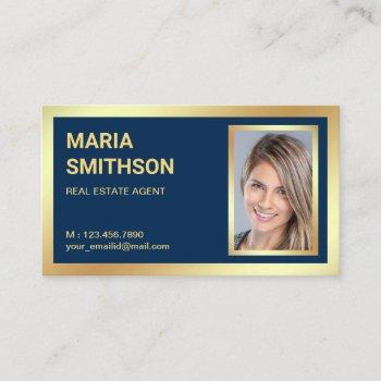 navy blue gold foil real estate realtor photo business card
