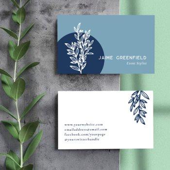 navy & blue greenery line art business card